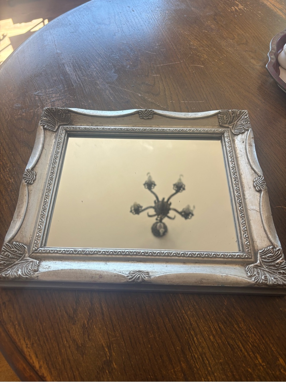 Ornate Silver-Tone Decorative Mirror Tray